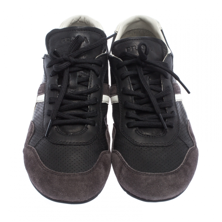 مملوكة مسبقًا Prada Sport Black Perforated Leather And Suede Lace Up Low Top Sneakers Size 43
