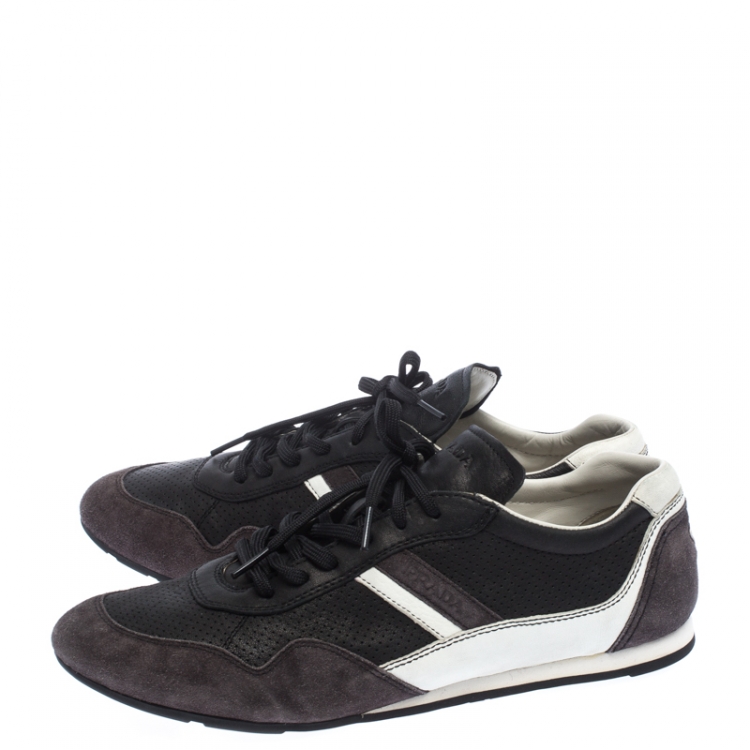 مملوكة مسبقًا Prada Sport Black Perforated Leather And Suede Lace Up Low Top Sneakers Size 43