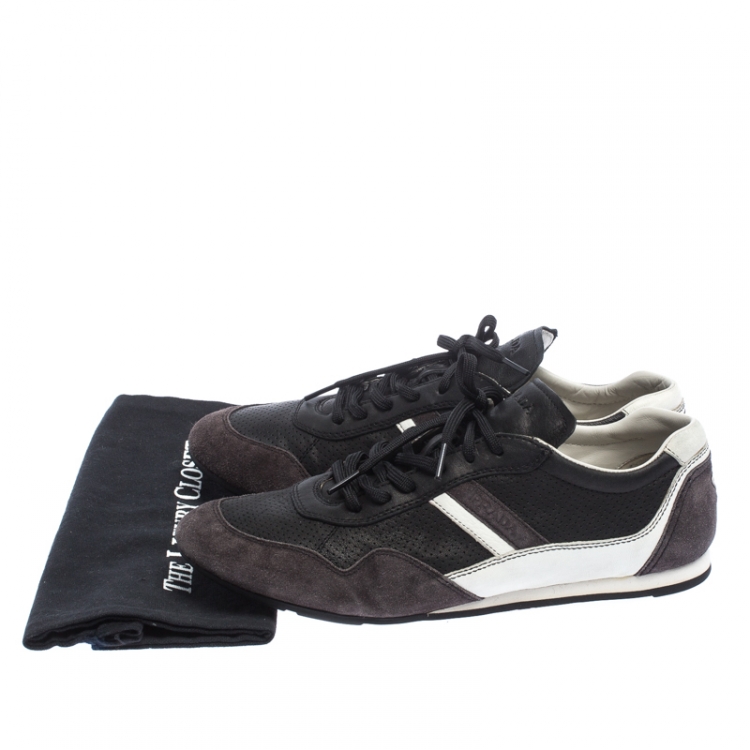 مملوكة مسبقًا Prada Sport Black Perforated Leather And Suede Lace Up Low Top Sneakers Size 43