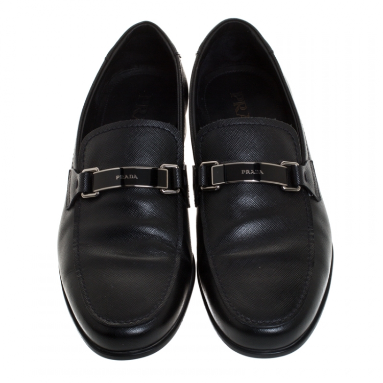 Pre Owned Prada Black Saffiano Leather Plate Bit Logo Loafers Size 42.5