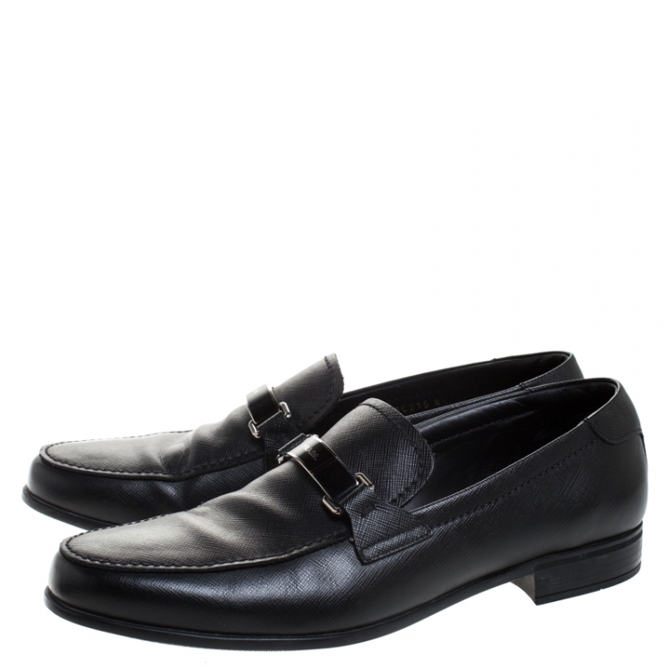 Pre Owned Prada Black Saffiano Leather Plate Bit Logo Loafers Size 42.5