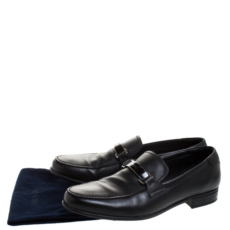 Pre Owned Prada Black Saffiano Leather Plate Bit Logo Loafers Size 42.5