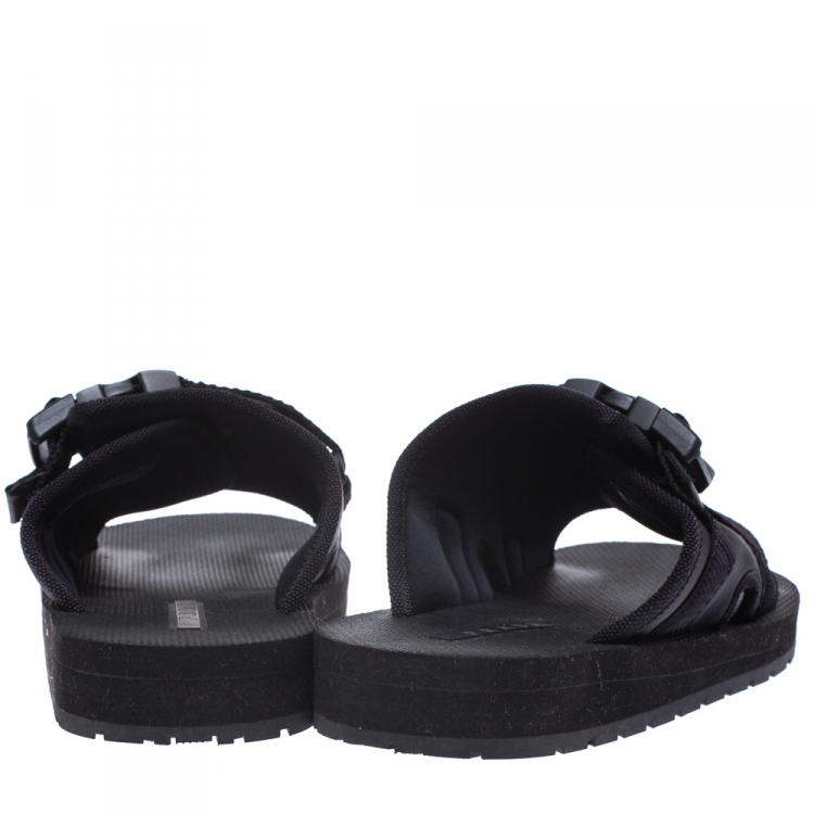 Pre Owned Prada Black Canvas And Nylon Strap Buckle Flat Slides Size 41