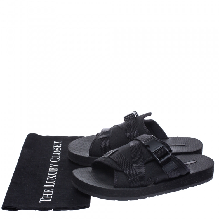 Pre Owned Prada Black Canvas And Nylon Strap Buckle Flat Slides Size 41