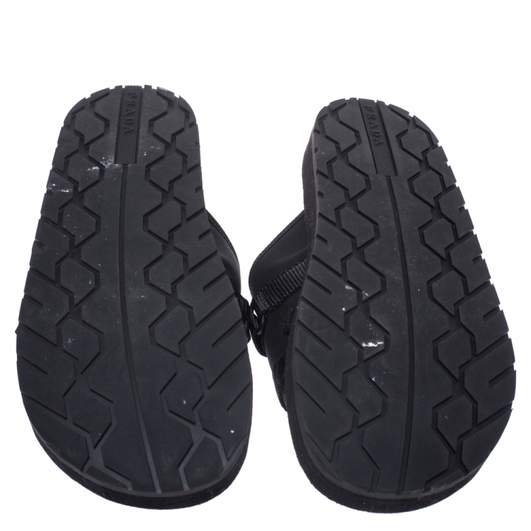 Pre Owned Prada Black Canvas And Nylon Strap Buckle Flat Slides Size 41