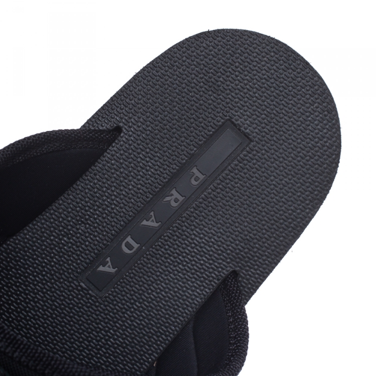 Pre Owned Prada Black Canvas And Nylon Strap Buckle Flat Slides Size 41