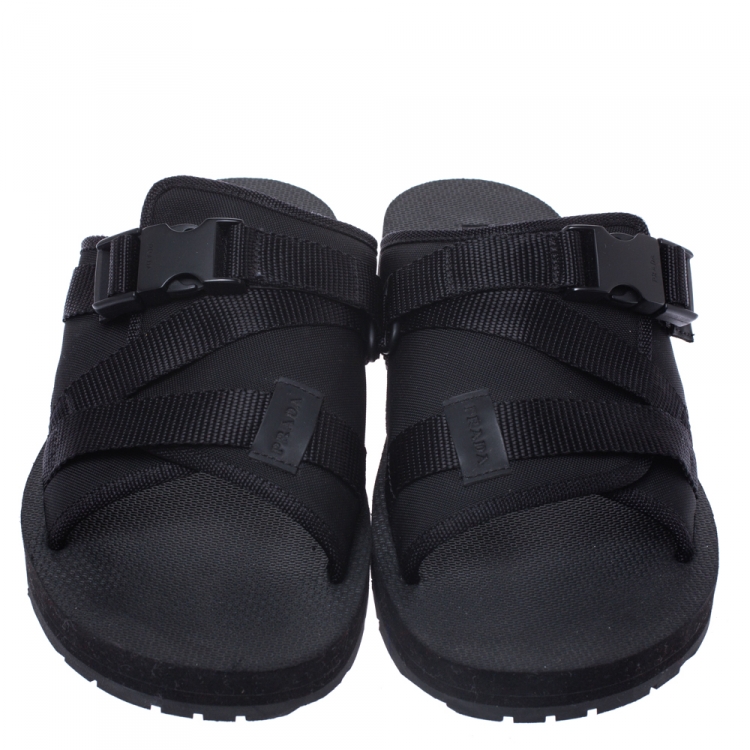 Pre Owned Prada Black Canvas And Nylon Strap Buckle Flat Slides Size 41