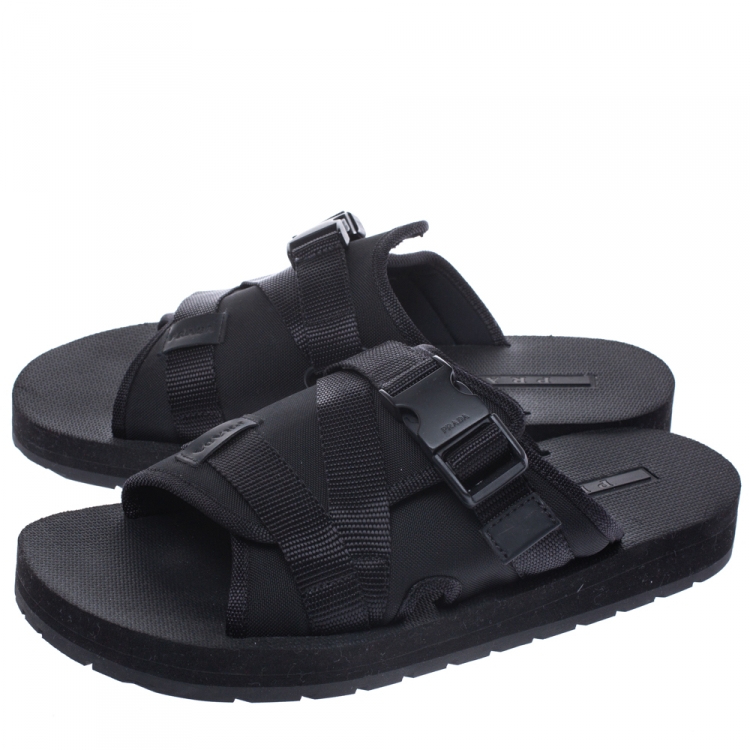 Pre Owned Prada Black Canvas And Nylon Strap Buckle Flat Slides Size 41