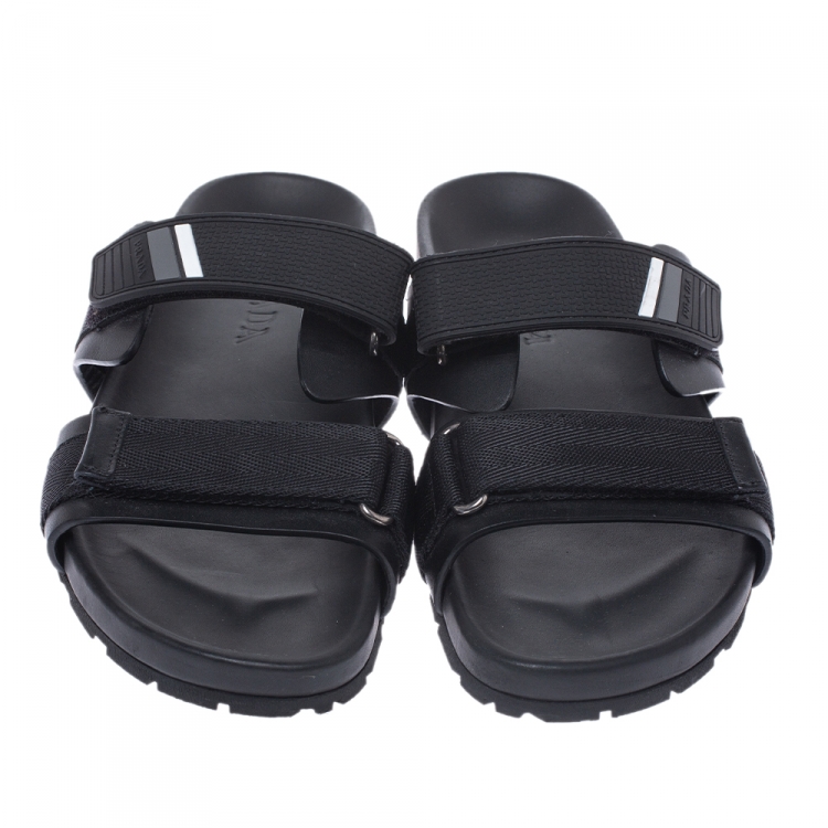 Pre Owned Prada Black Leather And Nylon Velcro Flat Slides Size 41