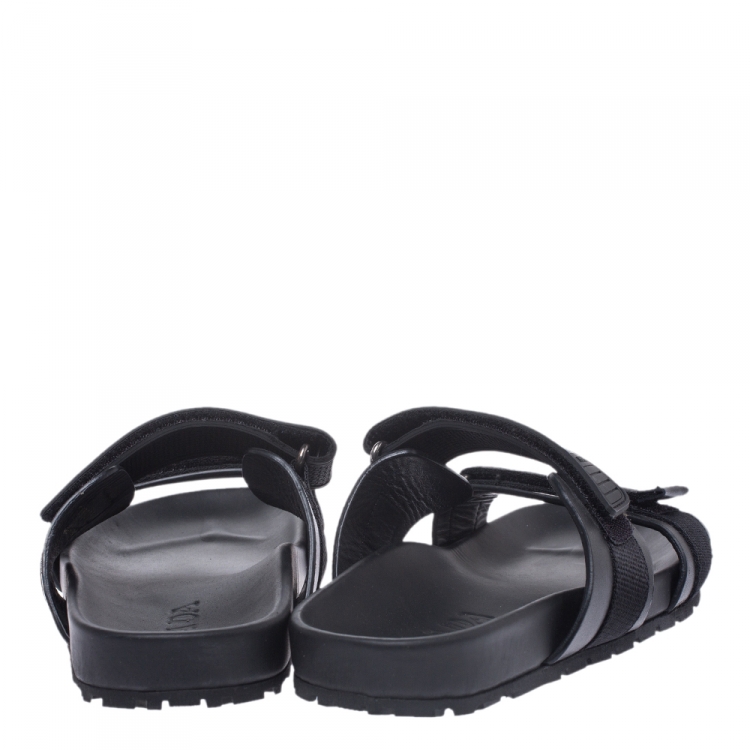 Pre Owned Prada Black Leather And Nylon Velcro Flat Slides Size 41