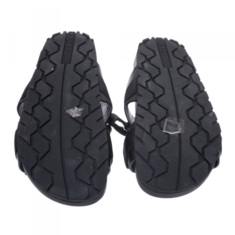 Pre Owned Prada Black Leather And Nylon Velcro Flat Slides Size 41