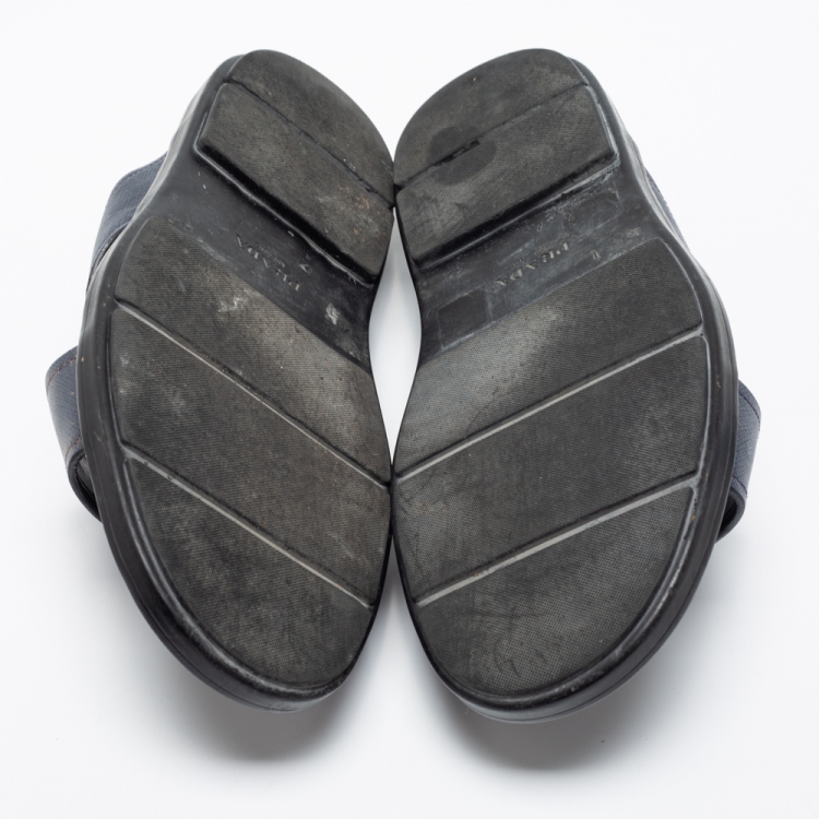 Pre Owned Prada Navy Blue Saffiano Leather Criss Cross Flat Slide Sandals Size 42.5