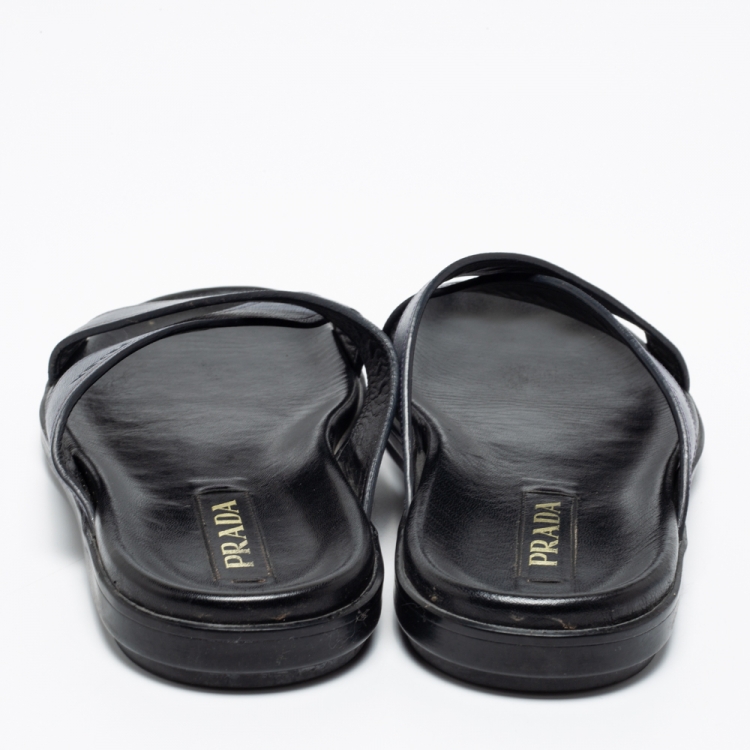 Pre Owned Prada Navy Blue Saffiano Leather Criss Cross Flat Slide Sandals Size 42.5
