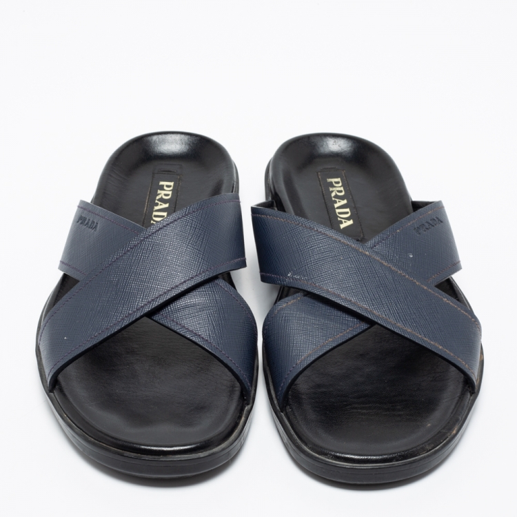 Pre Owned Prada Navy Blue Saffiano Leather Criss Cross Flat Slide Sandals Size 42.5