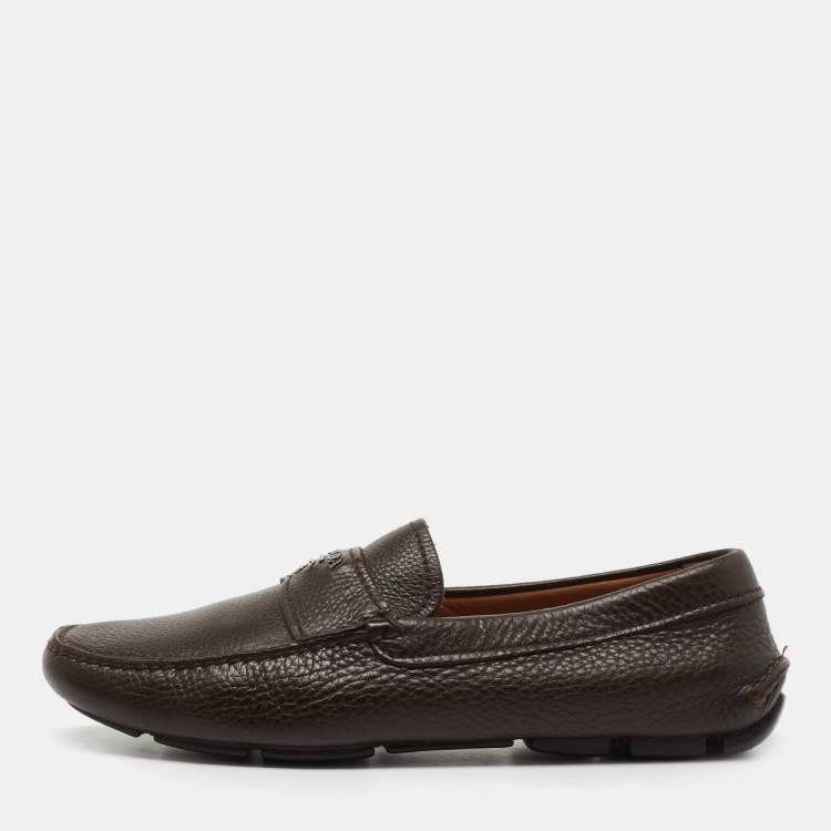 Pre Owned Prada Brown Leather Slip on Loafers Size 40.5