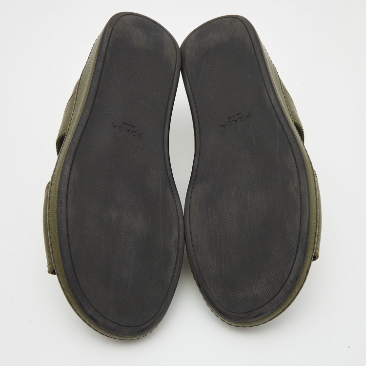 Pre Owned Prada Olive Green Saffiano Leather Buckle Slide Slipper Size 44.5