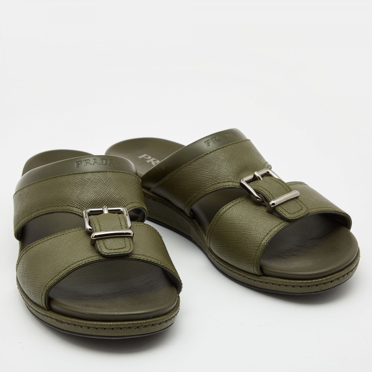 Pre Owned Prada Olive Green Saffiano Leather Buckle Slide Slipper Size 44.5