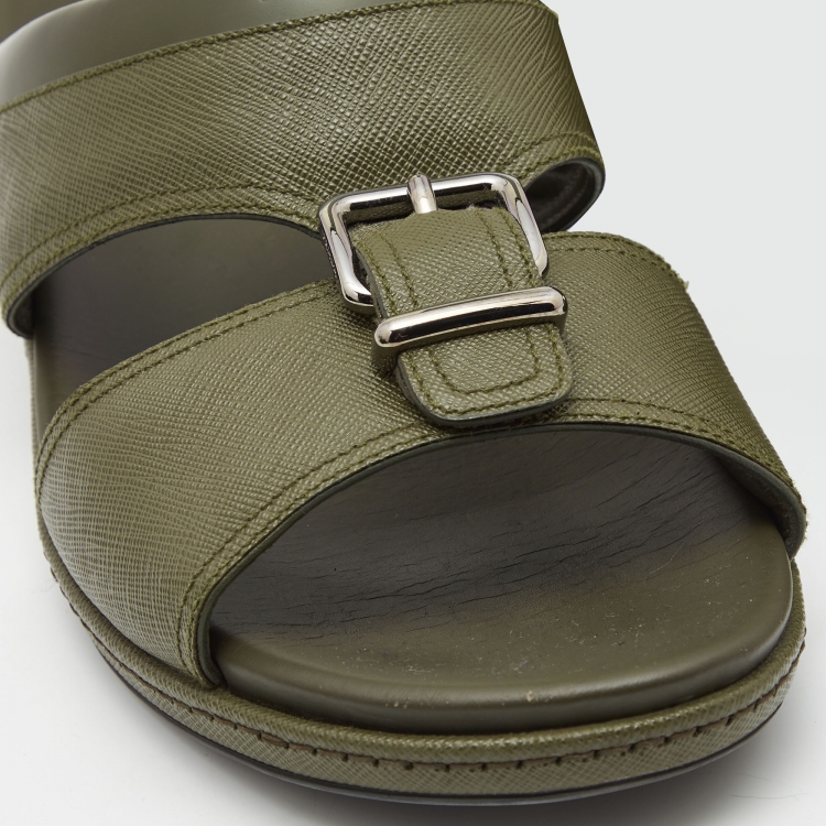 Pre Owned Prada Olive Green Saffiano Leather Buckle Slide Slipper Size 44.5
