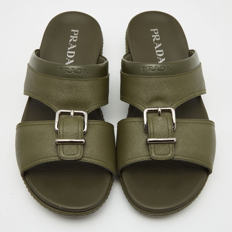 Pre Owned Prada Olive Green Saffiano Leather Buckle Slide Slipper Size 44.5