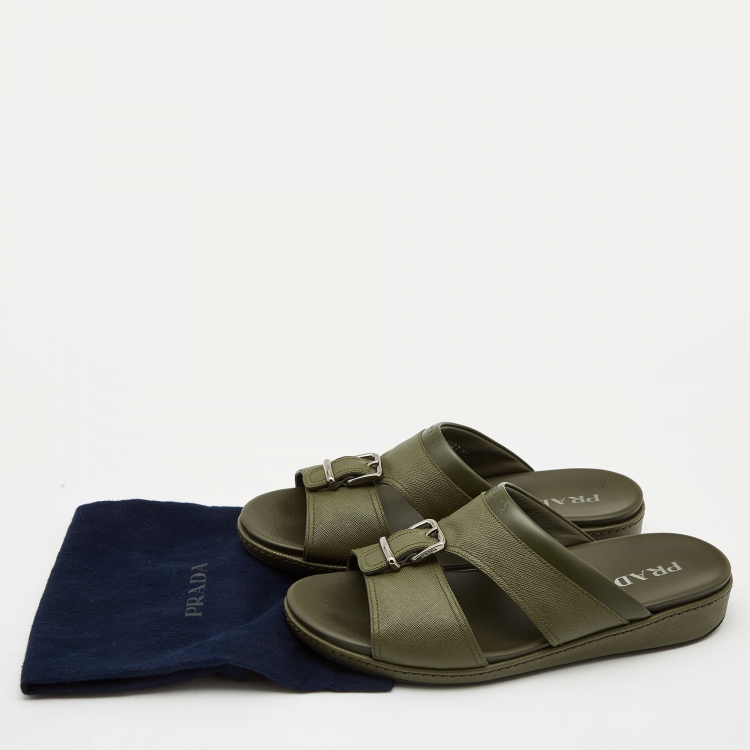Pre Owned Prada Olive Green Saffiano Leather Buckle Slide Slipper Size 44.5