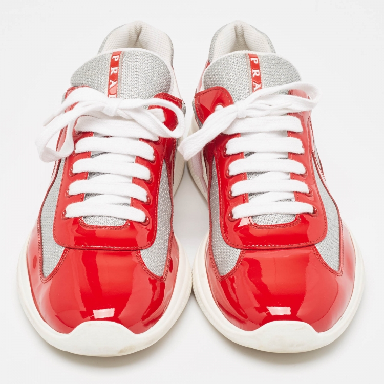 Pre Owned Prada Red/Grey Patent and Mesh Punta Ala Sneakers Size 45
