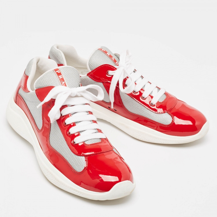 Pre Owned Prada Red/Grey Patent and Mesh Punta Ala Sneakers Size 45