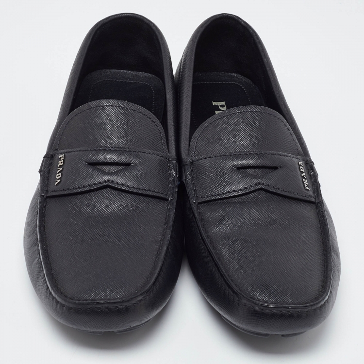 Pre Owned Prada Black Leather Slip On Loafers Size 43.5