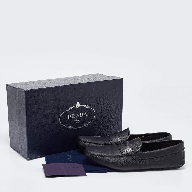 Pre Owned Prada Black Leather Slip On Loafers Size 43.5