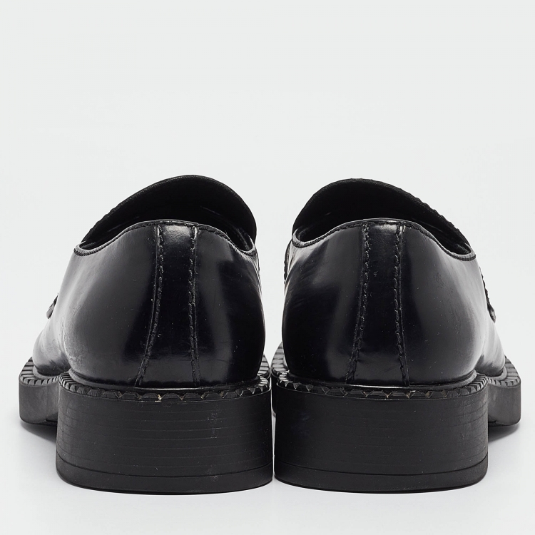 Pre Owned Prada Black Leather Badge Front Chocolate Brushed Loafers Size 43