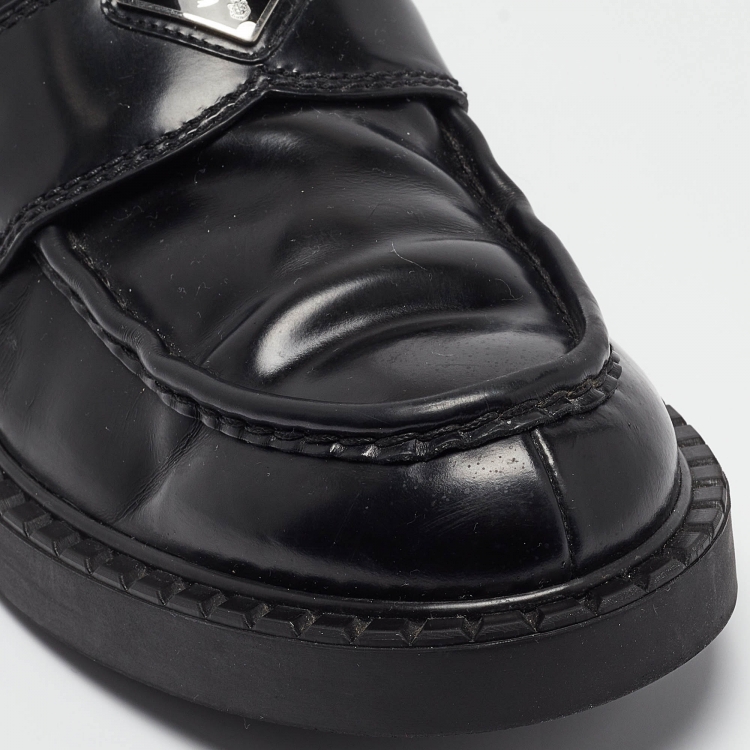 Pre Owned Prada Black Leather Badge Front Chocolate Brushed Loafers Size 43