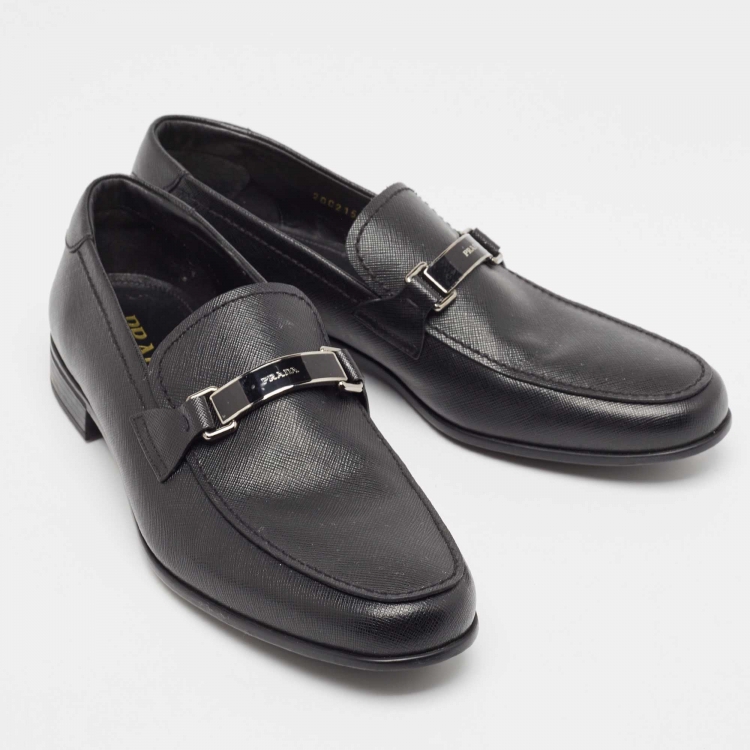 Pre Owned Prada Black Leather Slip On Loafers Size 44