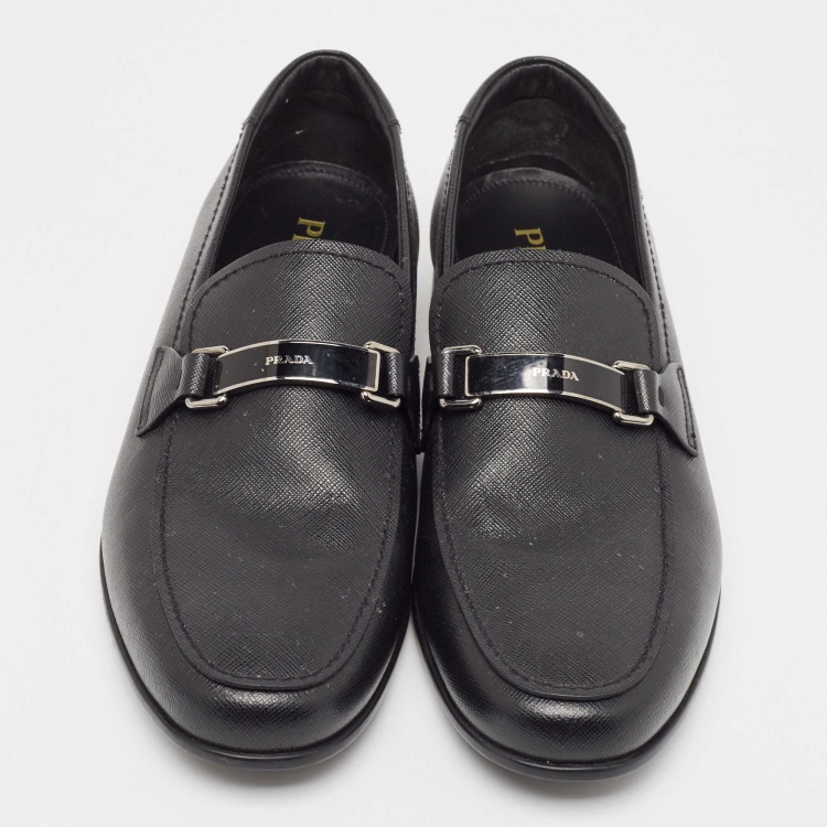 Pre Owned Prada Black Leather Slip On Loafers Size 44
