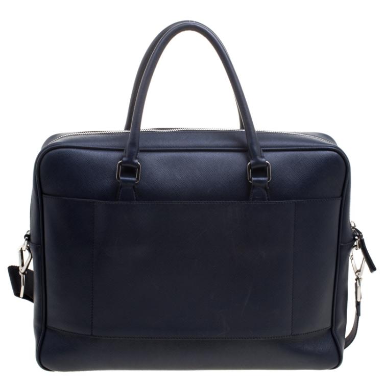 Pre Owned Prada Navy Blue Saffiano Leather Classic Laptop Bag