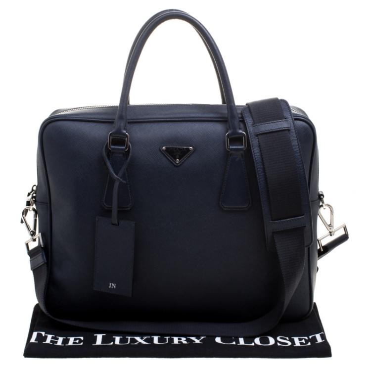 Pre Owned Prada Navy Blue Saffiano Leather Classic Laptop Bag