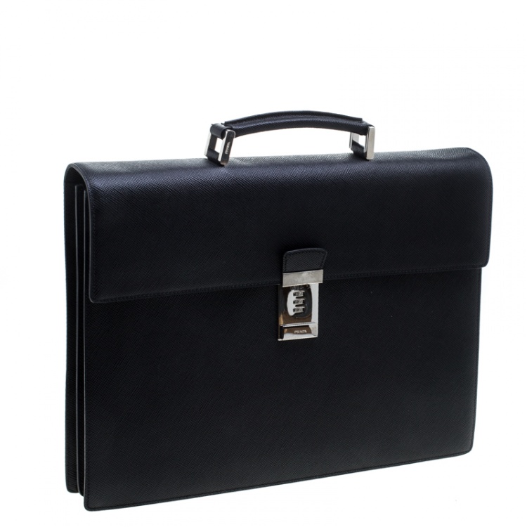 Pre Owned Prada Black Saffiano Cuir Leather Briefcase