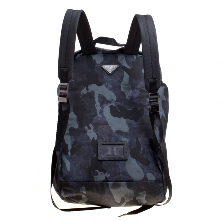 Pre Owned Prada Dark Blue Nylon Camouflage Drawstring Backpack