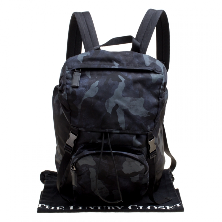 Pre Owned Prada Dark Blue Nylon Camouflage Drawstring Backpack