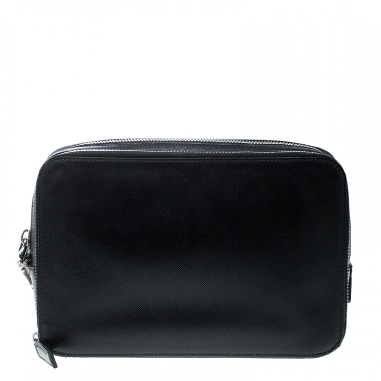 Pre Owned Prada Black Saffiano Leather Portfolio Zip Clutch
