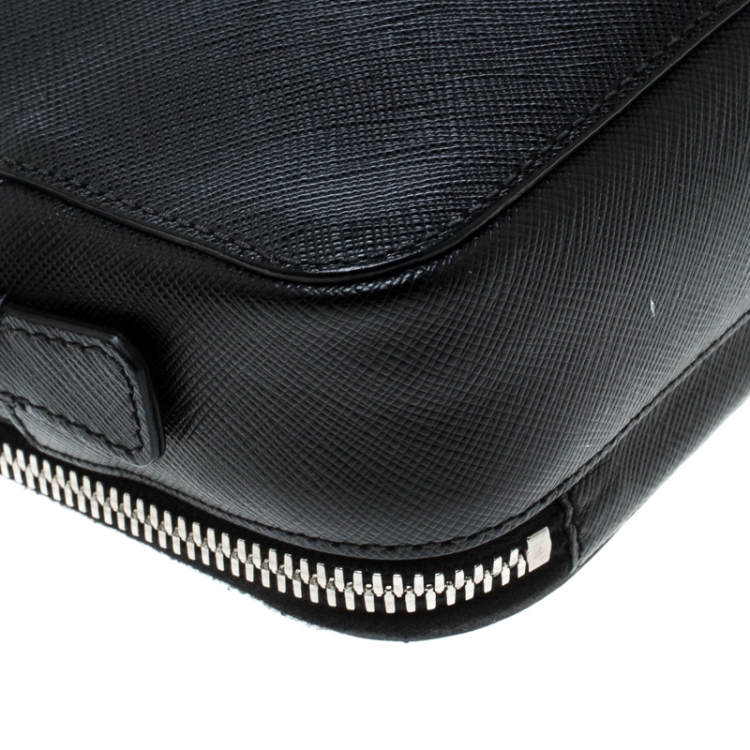 Pre Owned Prada Black Saffiano Leather Portfolio Zip Clutch