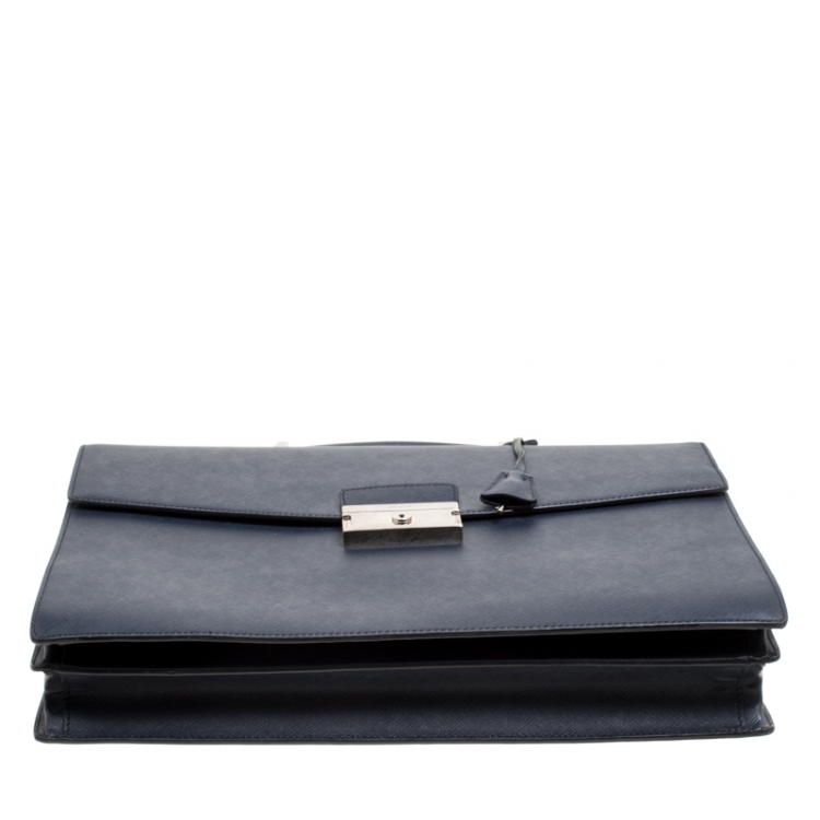 Pre Owned Prada Navy Blue Saffiano Leather Briefcase