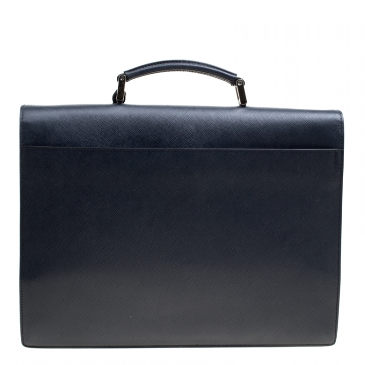 Pre Owned Prada Navy Blue Saffiano Leather Briefcase