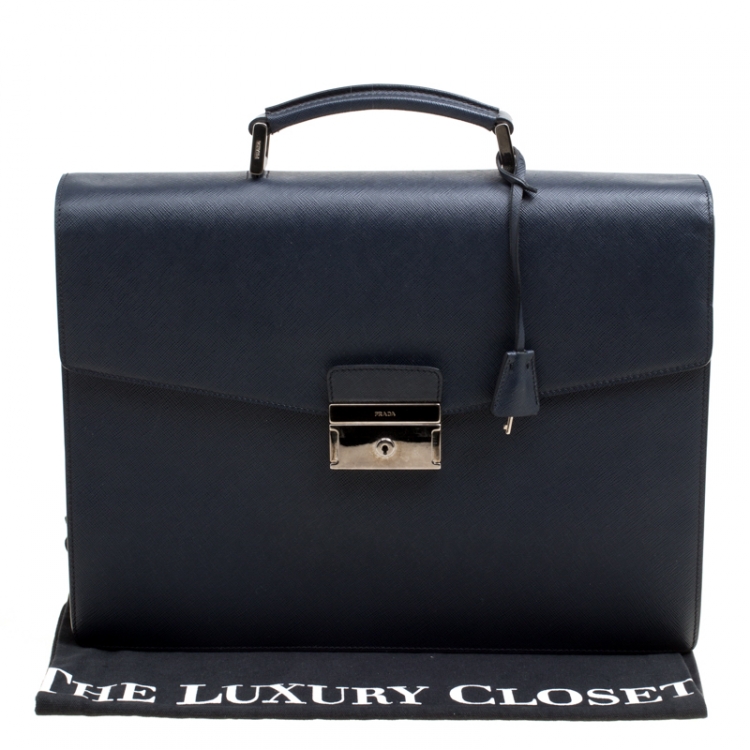 Pre Owned Prada Navy Blue Saffiano Leather Briefcase