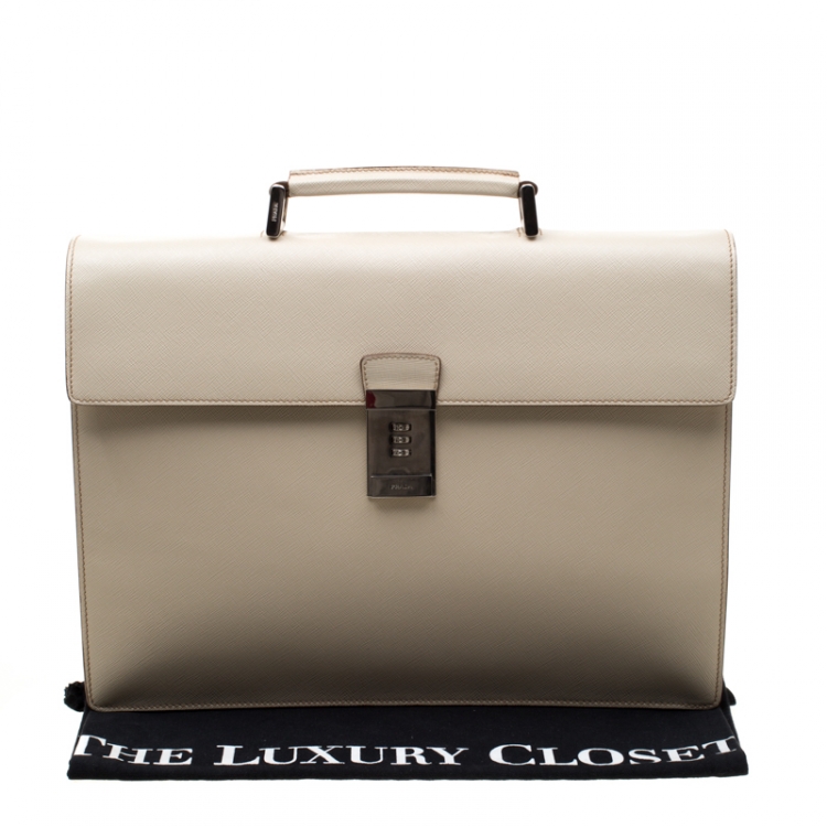 Pre Owned Prada Cream Saffiano Cuir Leather Briefcase