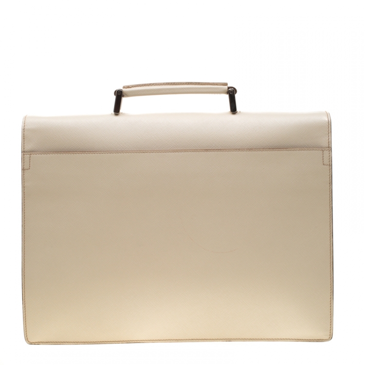 Pre Owned Prada Cream Saffiano Cuir Leather Briefcase