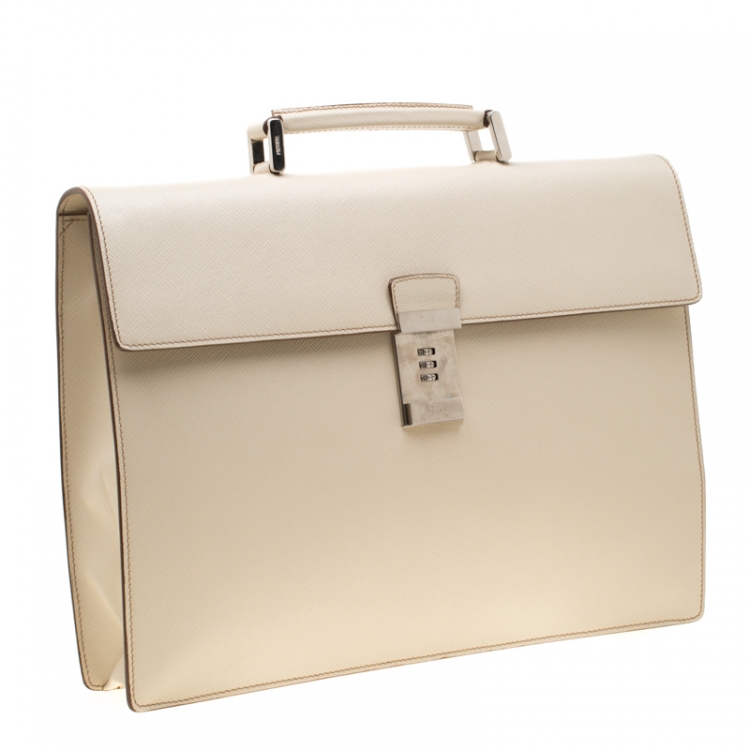 Pre Owned Prada Cream Saffiano Cuir Leather Briefcase