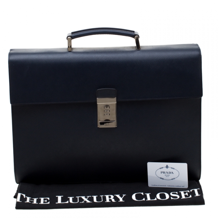 Pre Owned Prada Navy Blue Saffiano Cuir Leather Briefcase