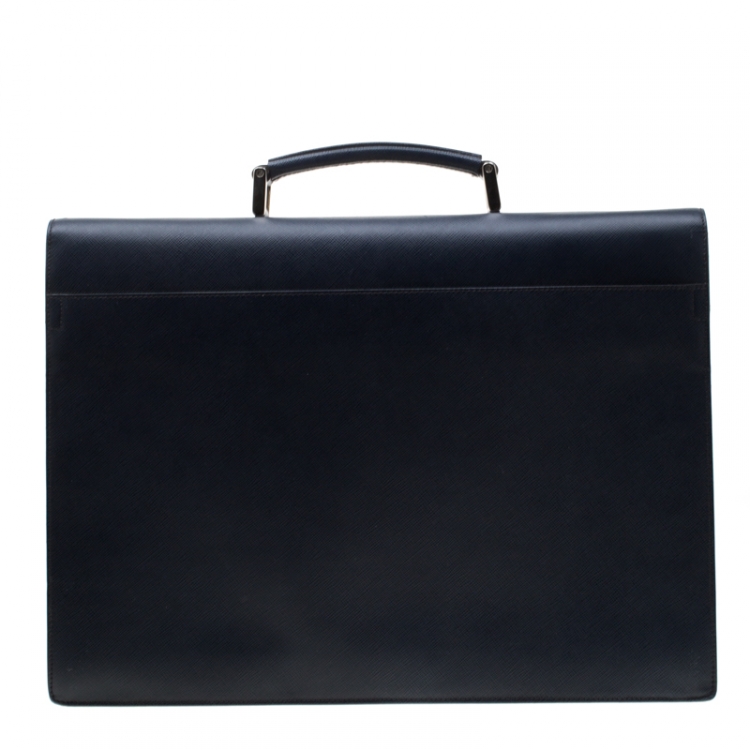 Pre Owned Prada Navy Blue Saffiano Cuir Leather Briefcase