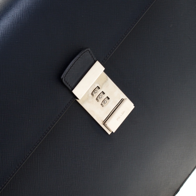 Pre Owned Prada Navy Blue Saffiano Cuir Leather Briefcase