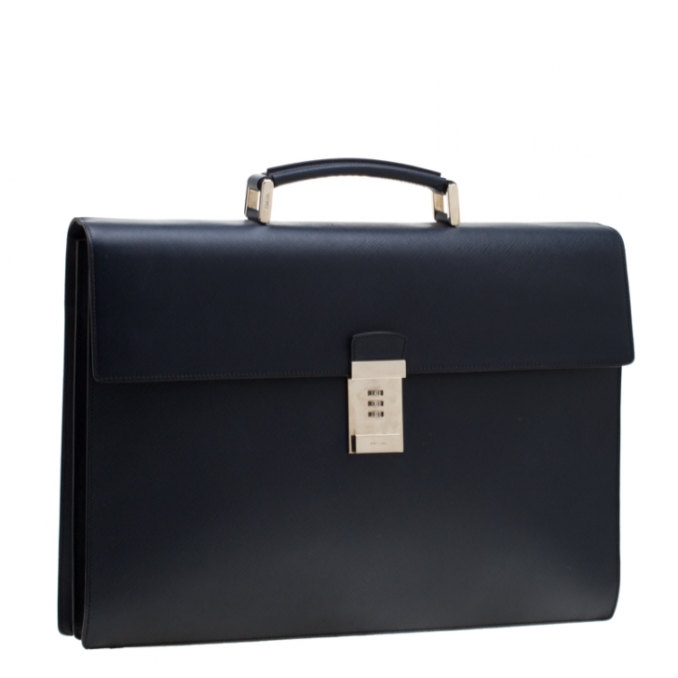 Pre Owned Prada Navy Blue Saffiano Cuir Leather Briefcase