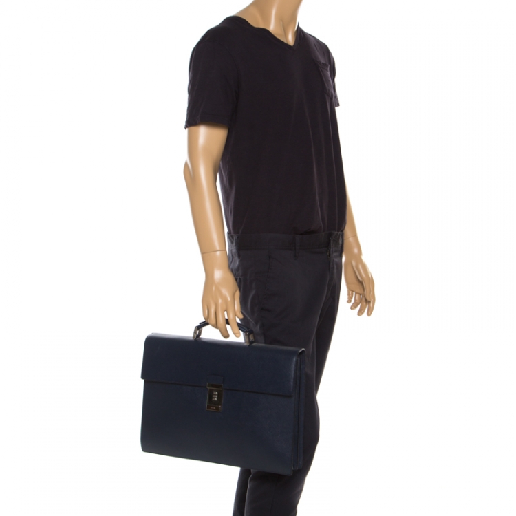 Pre Owned Prada Navy Blue Saffiano Cuir Leather Briefcase